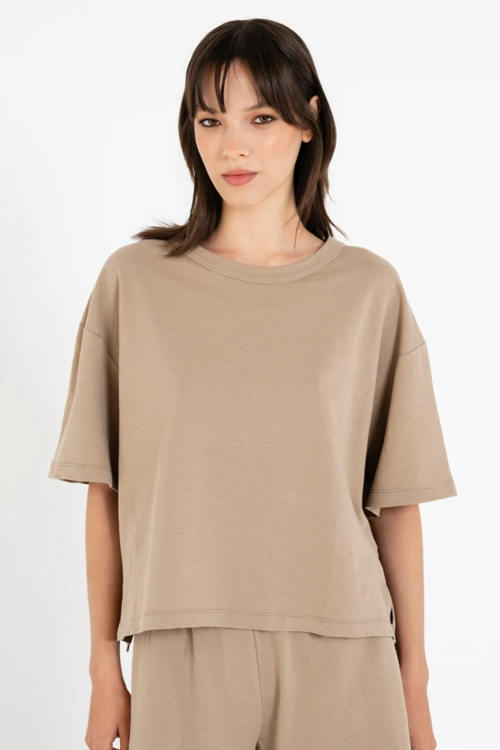 Philosophy κοντομάνικο γυναικείο crop top σε χρώμα beige βαμβακερό