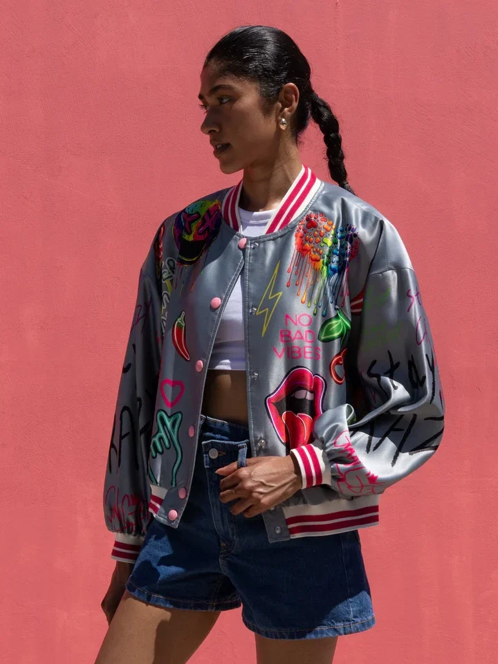 γυναικείο καπιτονέ σατέν bomber jacket never on sunday that's wild grey