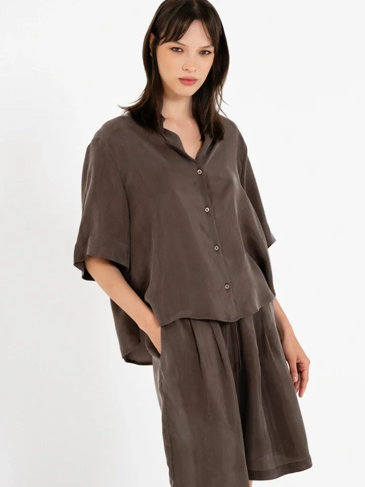 Philosophy Πουκάμισο Cupro με κοντό μανίκι, γιακά και κλείσιμο με κουμπιά στο μπροστά μέρος