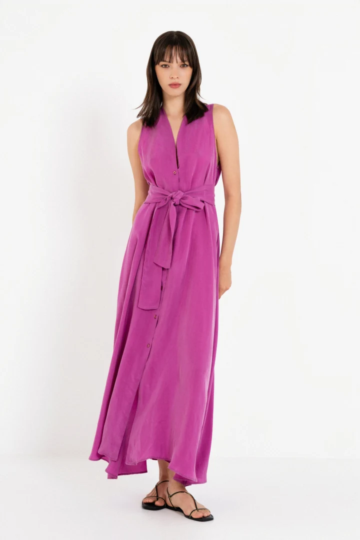 γυναικείο αμάνικο ροζ σεμιζιέ φόρεμα philosophy shirtdress maxi cupro με ζώνη
