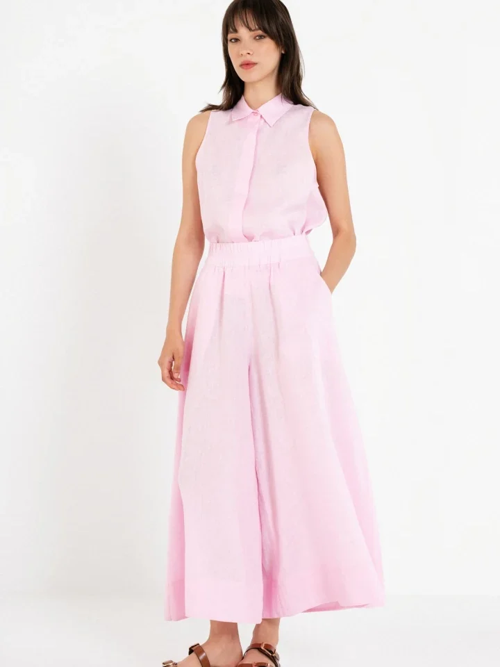 γυναικεία ψηλόμεση λινή ζιπ κιλότ philosophy jupe culotte linen pink