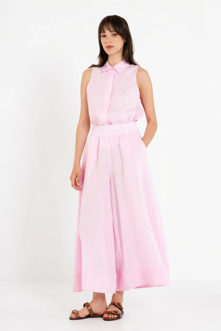 γυναικεία ψηλόμεση λινή ζιπ κιλότ philosophy jupe culotte linen pink