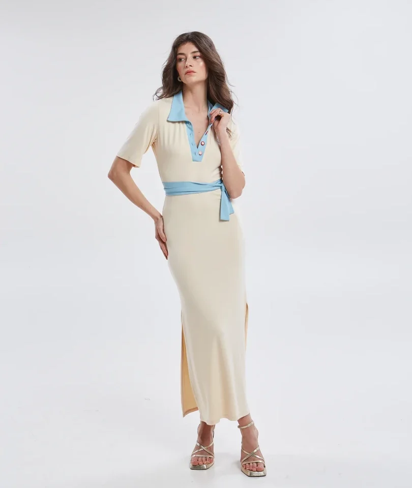 γυναικείο εκρού φόρεμα με polo γιακά ananke yara polo ecru dress με γαλάζιες λεπτομέρειες
