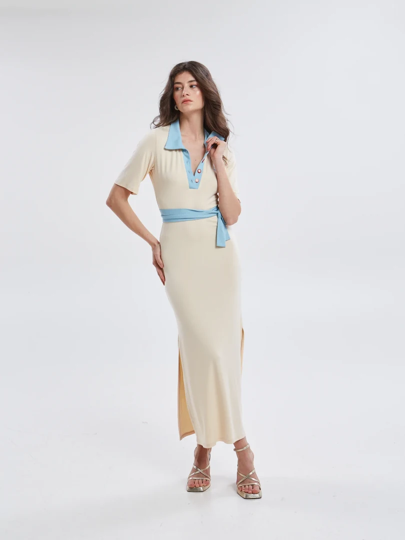 γυναικείο εκρού φόρεμα με polo γιακά ananke yara polo ecru dress με γαλάζιες λεπτομέρειες