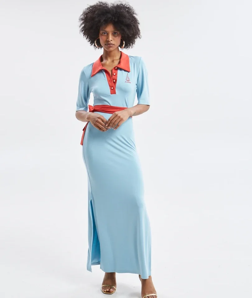 γυναικείο γαλάζιο φόρεμα ananke yara polo ciel dress με κόκκινο γιακά και ζώνη