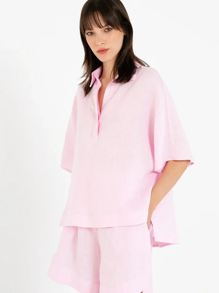 γυναικεία λινή oversized μπλούζα με κοντό μανίκι και γιακά philosophy