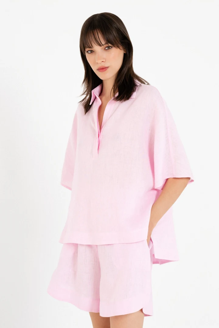 γυναικεία λινή oversized μπλούζα με κοντό μανίκι και γιακά philosophy