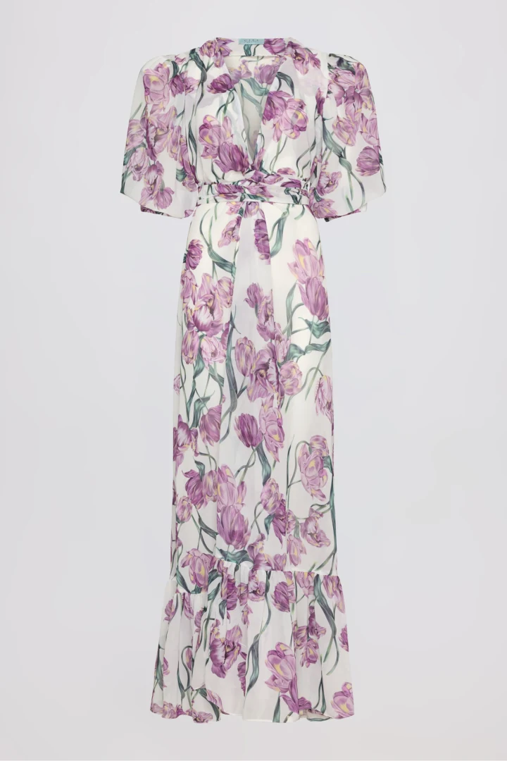 Μπροστινή όψη του γυναικείου floral φορέματος Ciel Concept Tulipa Kimono σε ιβουάρ φόντο με μωβ τουλίπες.