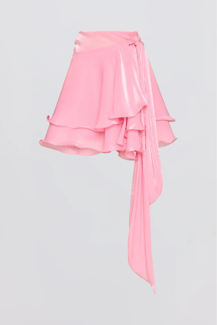 γυναικεία ροζ ψηλόμεση mini φούστα ciel concept clio skirt rose με wrap σχεδιασμό και βολάν