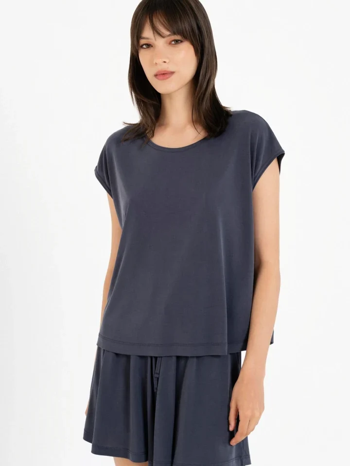 Γυναικείο cropped top Philosophy Basic Cupro με κοντό μανίκι σε χρώμα σκούρο μπλε