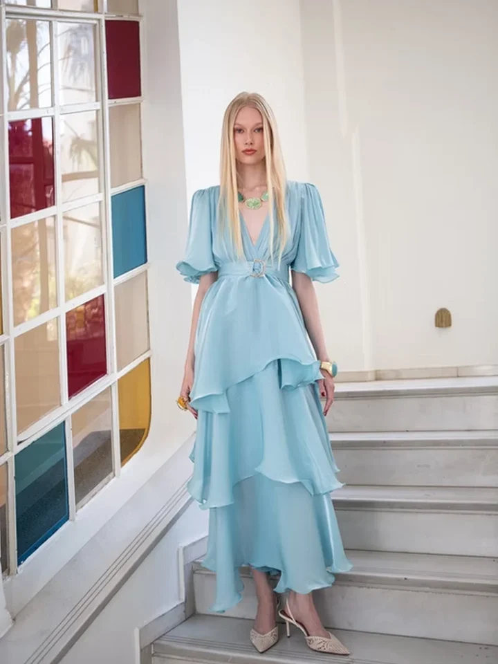 γυναικείο aqua maxi φόρεμα nazezhda sarah dress από λαμπερή μεταλλική οργάντζα
