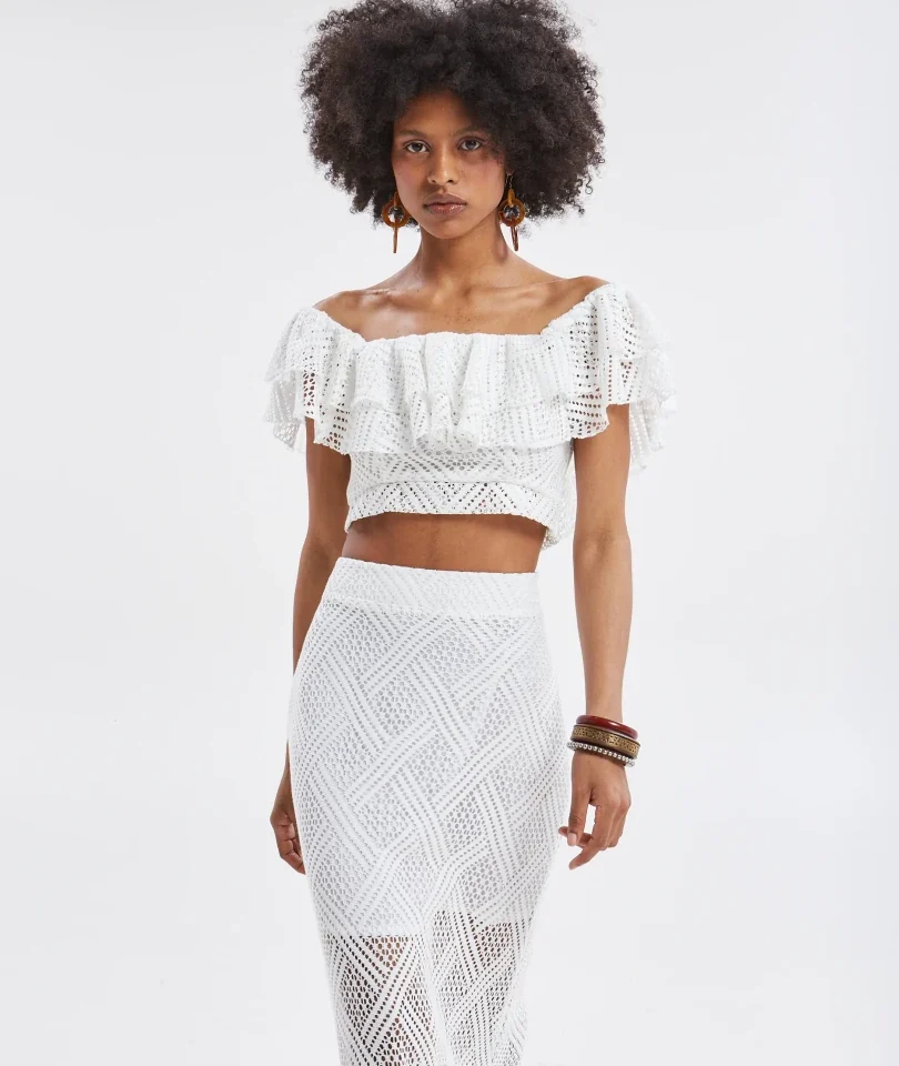 γυναικείο λευκό πλεκτό off-shoulder τοπ με βολάν ananke nora knitted ruffle white top