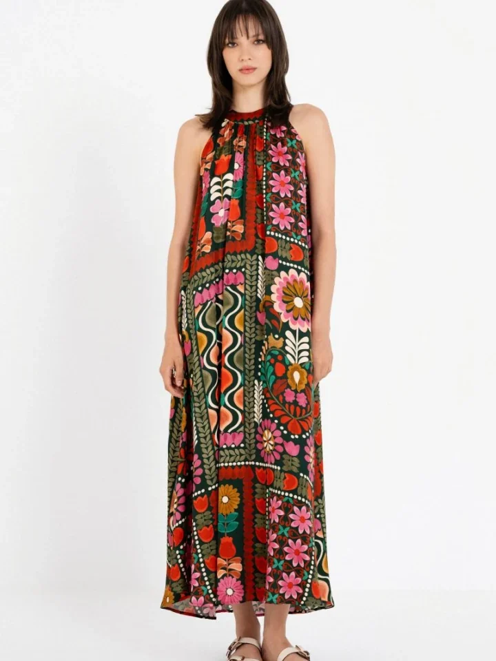 αέρινο γυναικείο floral φόρεμα philosophy maxi satin print με παρτούς ώμους