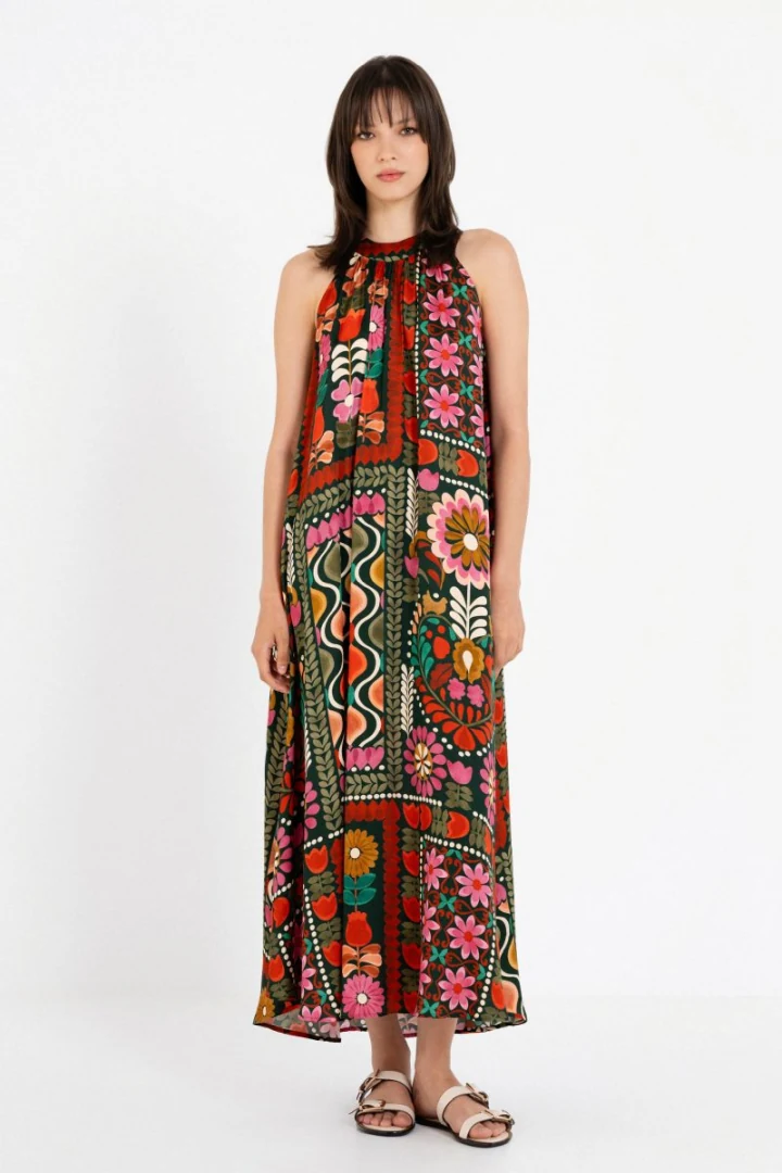 αέρινο γυναικείο floral φόρεμα philosophy maxi satin print με παρτούς ώμους