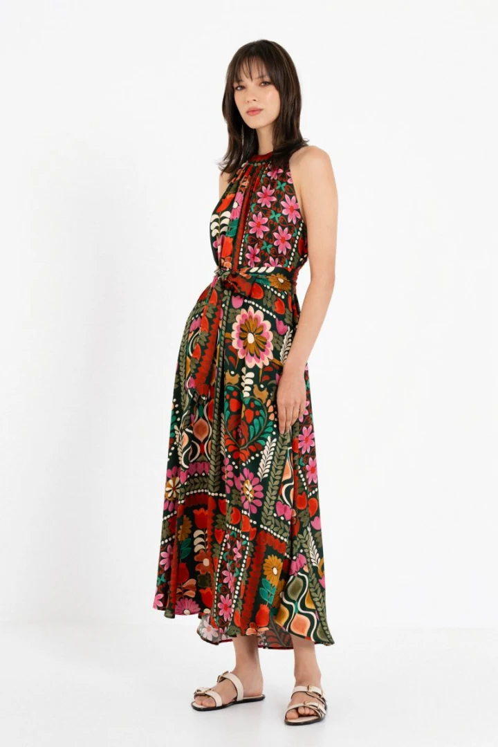 γυναικείο floral maxi φόρεμα philosophy satin print halter neck με ζώνη