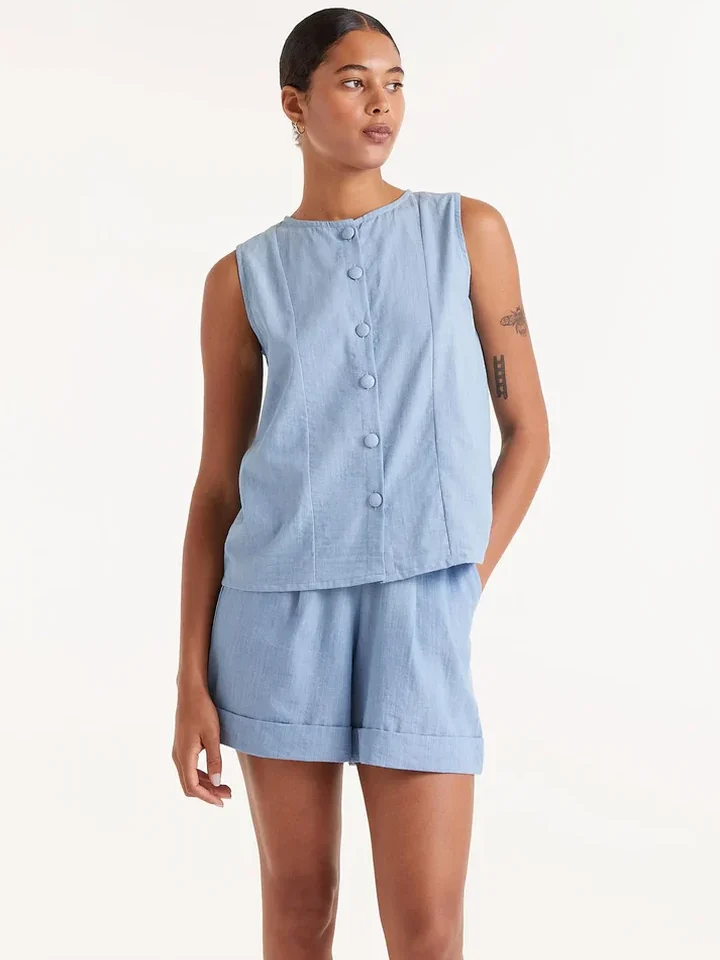 Denim effect button top