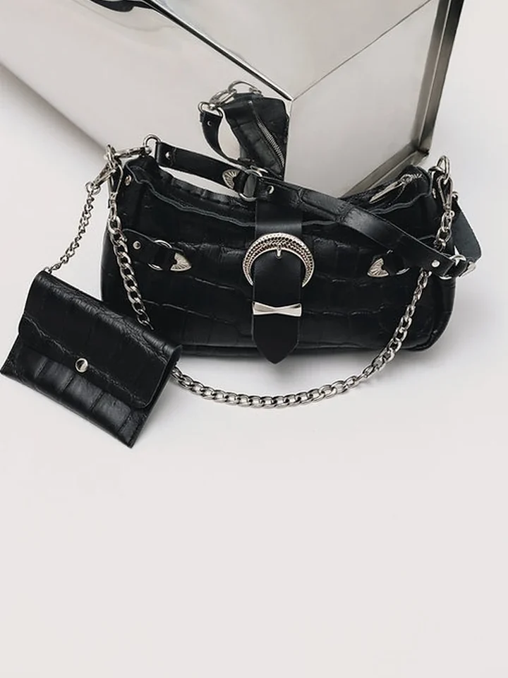 Η μαύρη croco τσάντα Individual Art Leather Kiss of Life με το αποσπώμενο δερμάτινο πορτοφόλι και την αλυσίδα