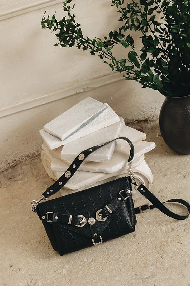 χειροποίητη μαύρη δερμάτινη τσάντα ώμου individual art leather messy black