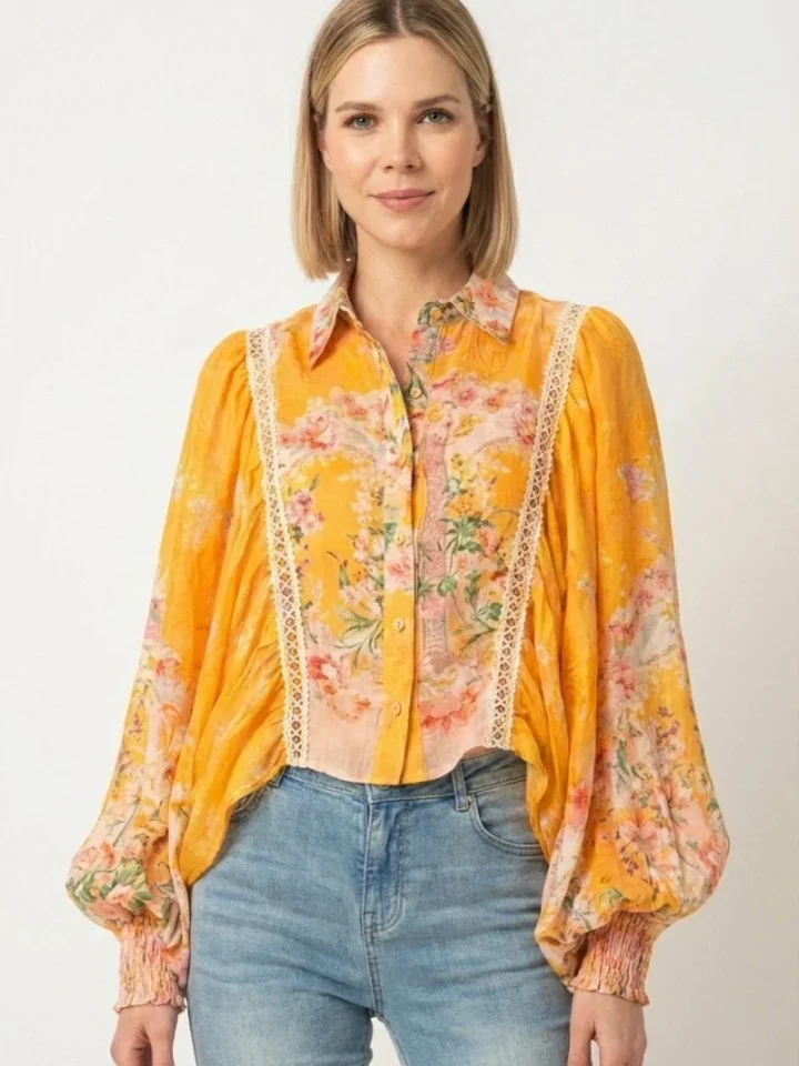 γυναικείο κίτρινο φλοράλ πουκάμισο amosa με δαντελένιες λεπτομέρειες σε χαλαρή αέρινη εφαρμογή