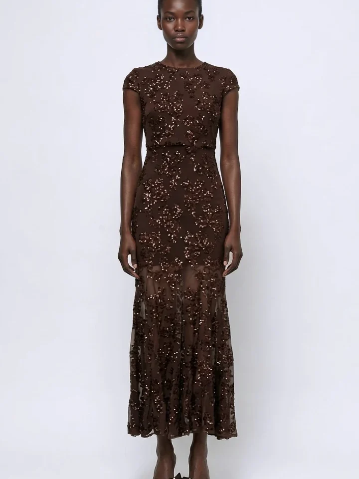 γυναικείο καφέ μάξι φόρεμα mallory the label azura brown sequin dress σε εφαρμοστή γραμμή