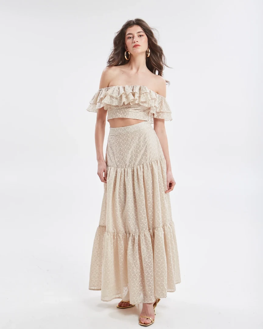 γυναικείο cropped top με βολάν και κεντήματα ananke kaira embroidered ruffle top σε ουδέτερο τόνο