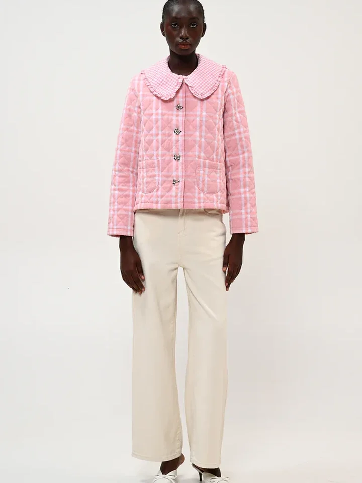 γυναικείο ροζ καρό καπιτονέ τζάκετ boom capitone jacket check pink με μπροστινές τσέπες και κουμπιά