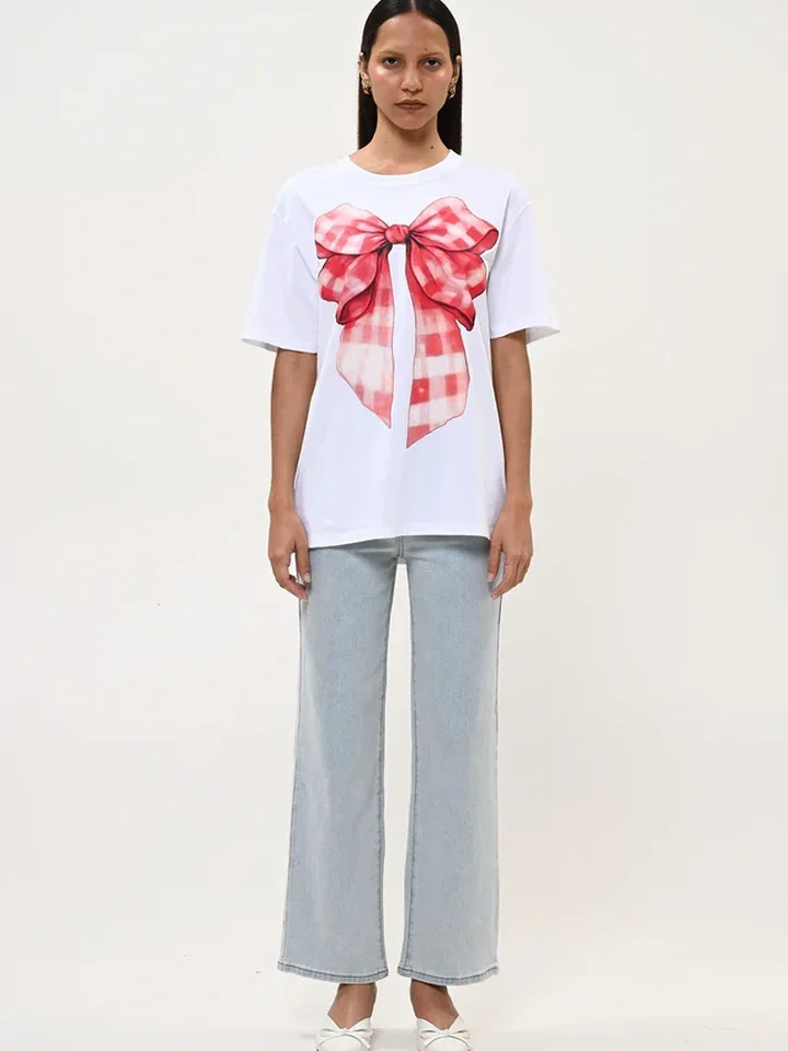 γυναικείο λευκό κοντομάνικο μπλουζάκι boom white t-shirt red bow με τύπωμα κόκκινο φιόγκο