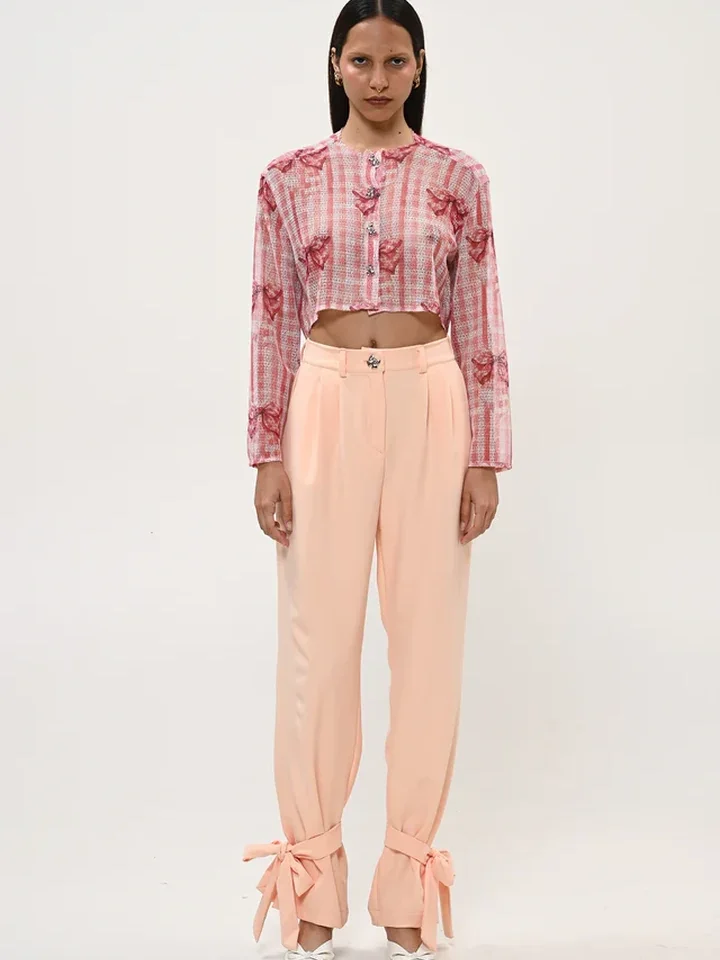 γυναικείο ψηλόμεσο ροδακινί παντελόνι boom peach pant με πιέτες σε άνετη φαρδιά γραμμή