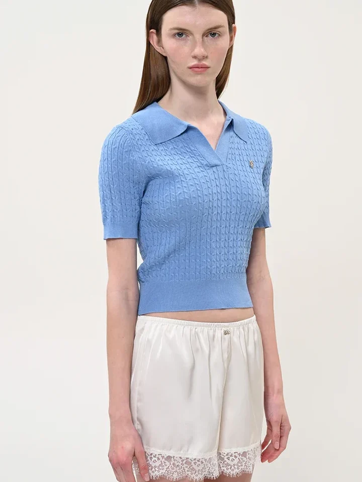 γυναικείο γαλάζιο πλεκτό τοπ boom polo light blue με κοντό μανίκι και γιακά