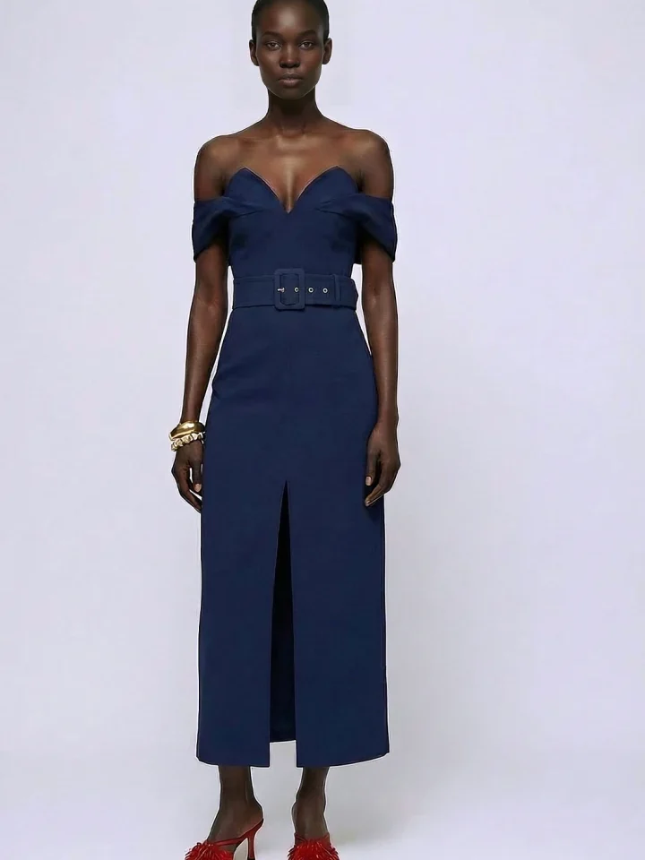 γυναικείο μπλε στράπλες φόρεμα mallory the label boah dress με κομψό σκίσιμο