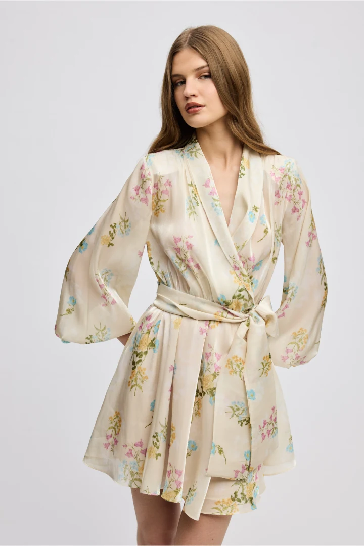 γυναικείο floral κρουαζέ φόρεμα ciel concept butter blossom dress με φαρδιά μανίκια, v-ντεκολτέ και δέσιμο στη μέση