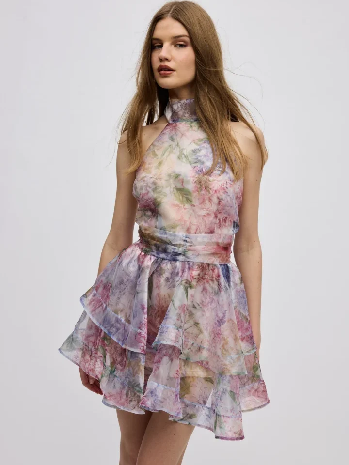 ρομαντικό floral mini φόρεμα ciel concept margot organza dress με halter λαιμόκοψη και πολυεπίπεδη φούστα
