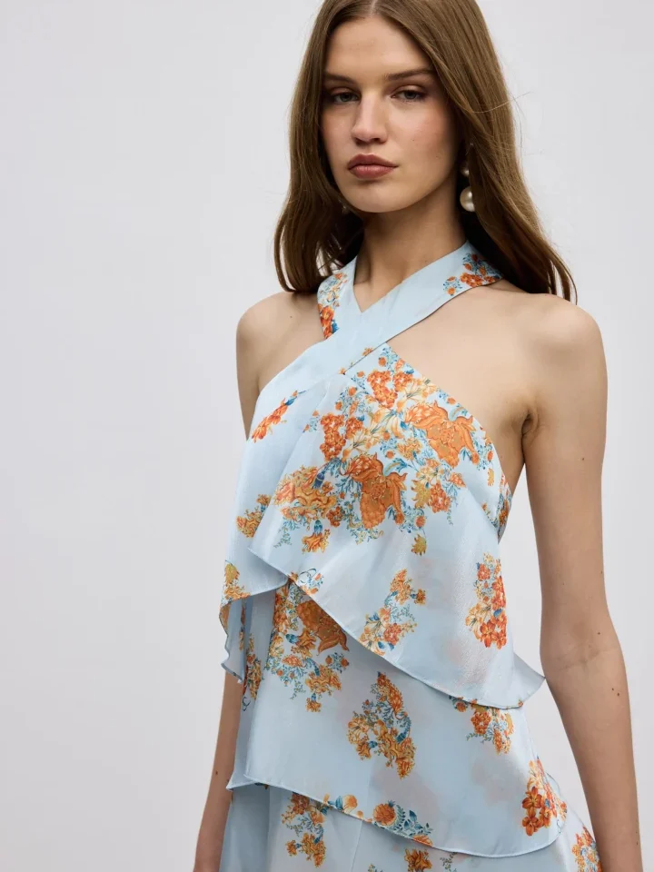 γυναικείο γαλάζιο floral maxi φόρεμα με βολάν ciel concept erato ruffle dress