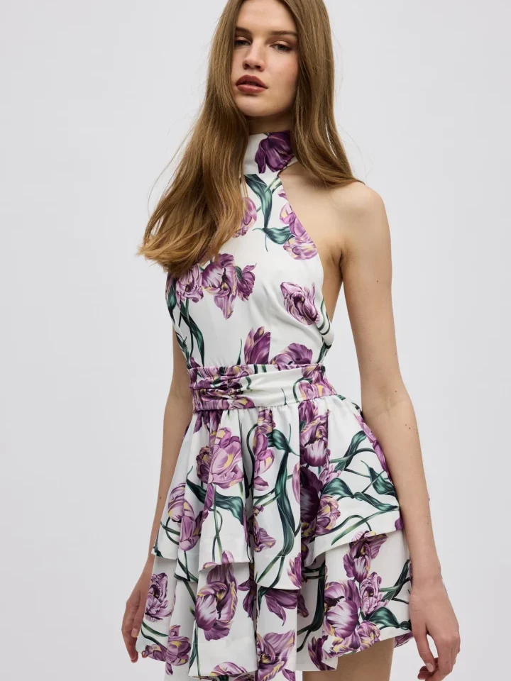 γυναικείο floral μίνι φόρεμα ciel concept tulipa dress με ψηλό λαιμό, τονισμένη μέση και αέρινα βολάν