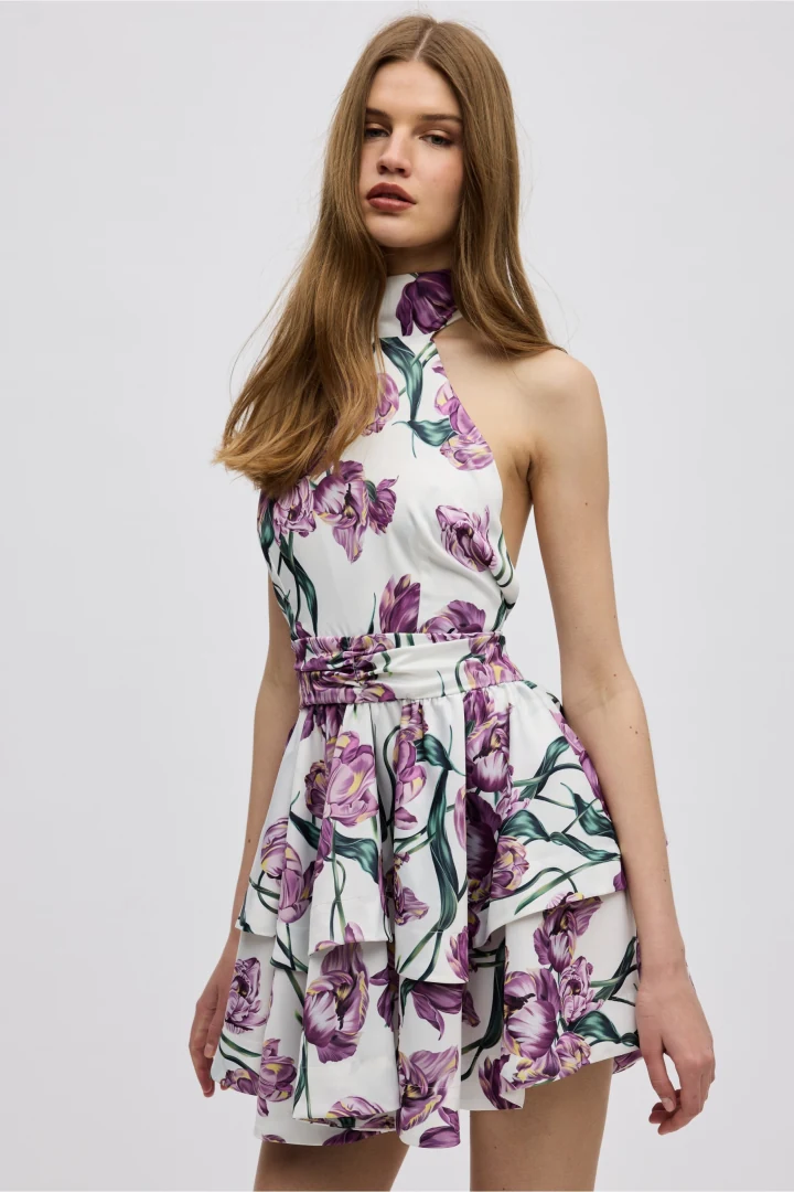 γυναικείο floral μίνι φόρεμα ciel concept tulipa dress με ψηλό λαιμό, τονισμένη μέση και αέρινα βολάν