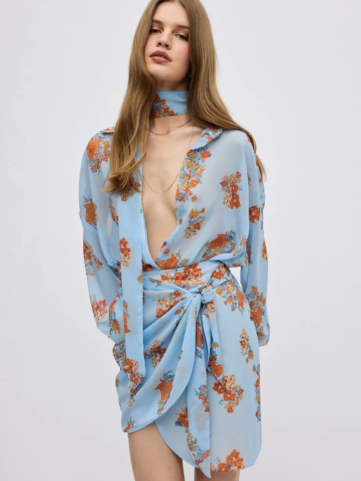 ciel concept stripped blue shirt γυναικεία mini κρουαζέ φούστα ciel concept erato skirt από βισκόζη με floral τύπωμα