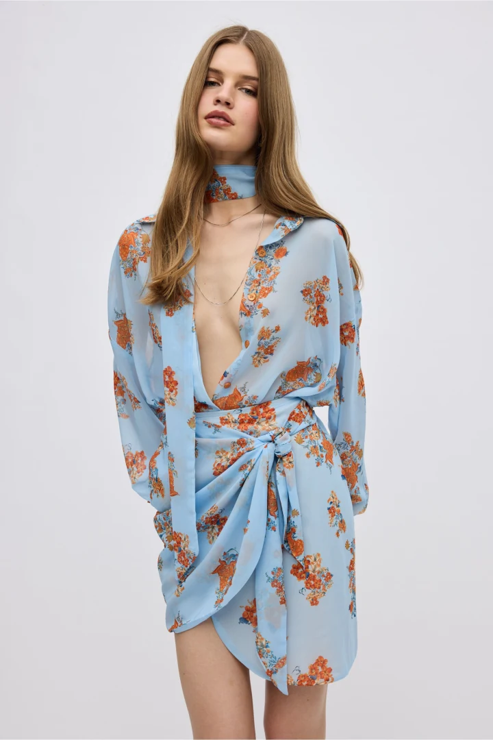 ciel concept stripped blue shirt γυναικεία mini κρουαζέ φούστα ciel concept erato skirt από βισκόζη με floral τύπωμα