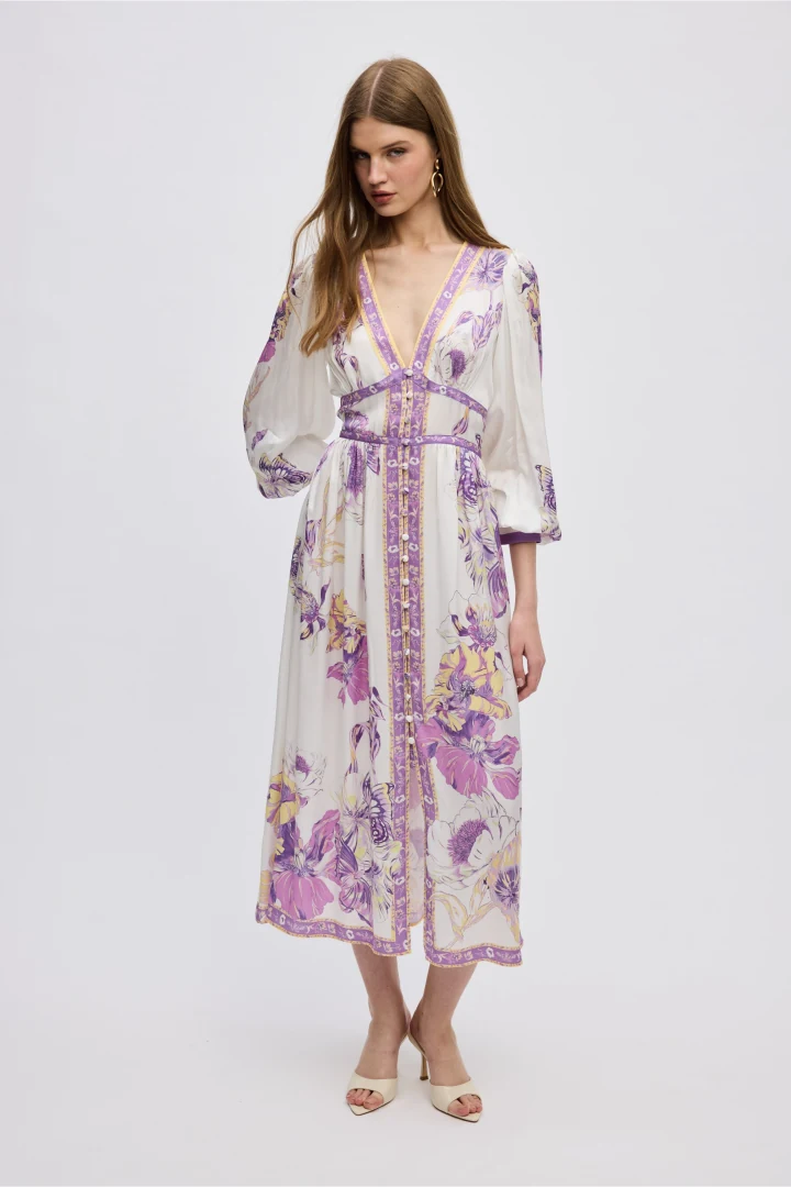 ciel-concept-vasiliki-midi-dress chic κοντινό στο πολυτελές ύφασμα, τα ντυμένα κουμπιά και το χειροποίητο τύπωμα του μπλε σεμιζιέ φορέματος