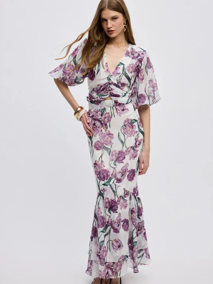 μακριά ιβουάρ γυναικεία φούστα ciel concept tulipa maxi skirt με floral μοτίβο