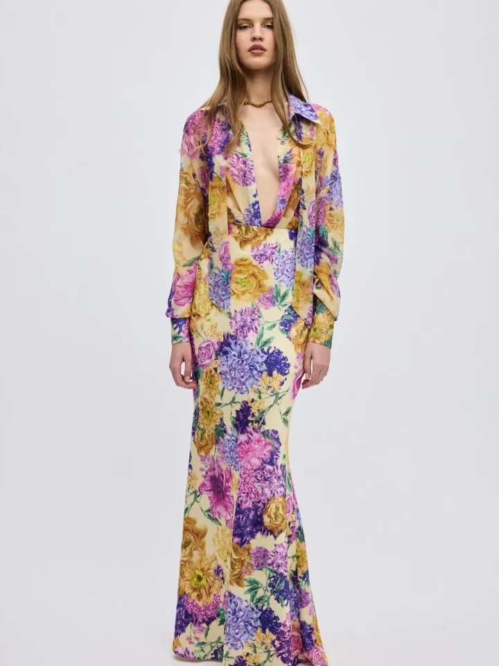 ciel-concept-camille-maxi-skirt ψηλόμεση φλοράλ φούστα μάξι με μεταξένια υφή συνδυασμένη σε εκθαμβωτικό καλοκαιρινό σετ της συλλογής ss26