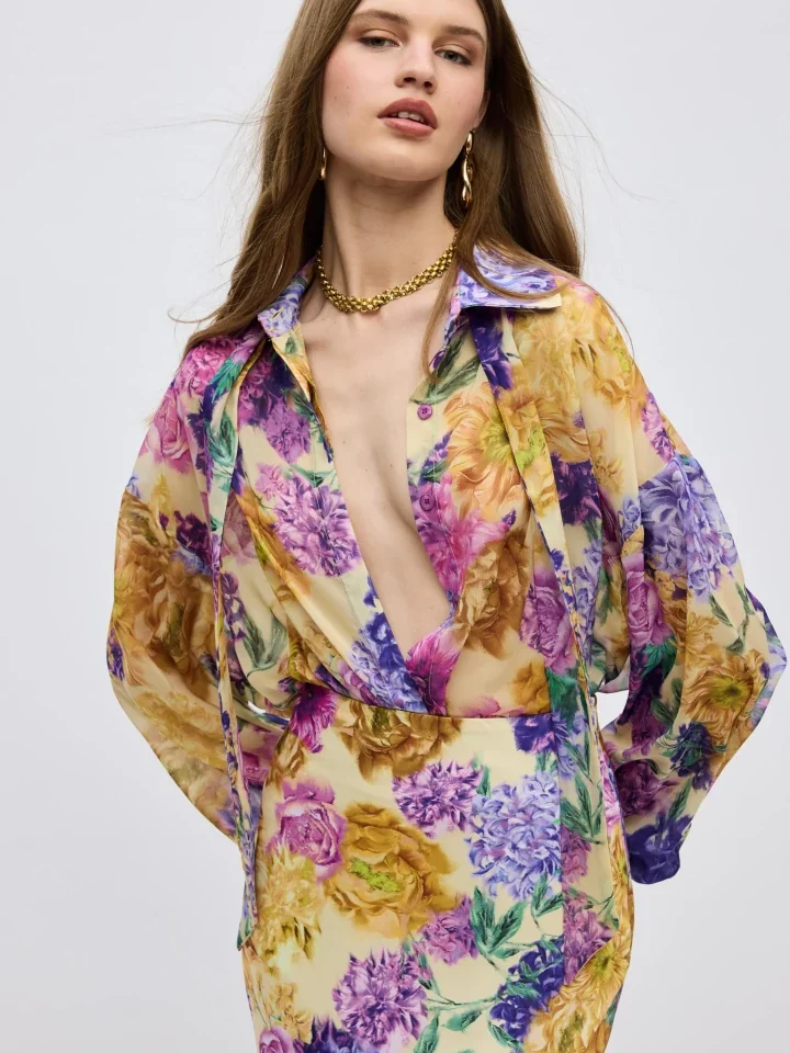 ciel-concept-camille-shirt κομψό γυναικείο πουκάμισο με floral print, μεταξένια υφή και φαρδιά ζώνη από τη συλλογή ss26