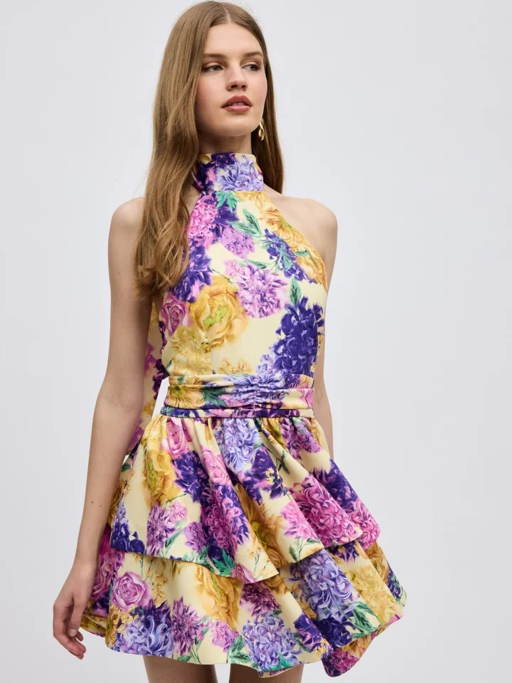 ciel-concept-camille-mini-dress ρομαντικό αμάνικο μίνι φόρεμα με πολυεπίπεδα βολάν και floral print για εντυπωσιακές καλοκαιρινές εμφανίσεις
