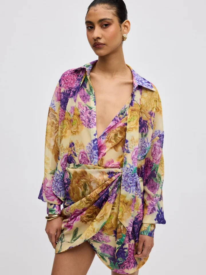 ciel-concept-camille-mini-skirt κομψή κρουαζέ μίνι φούστα με floral print συνδυασμένη με ασορτί πουκάμισο για καλοκαιρινά l