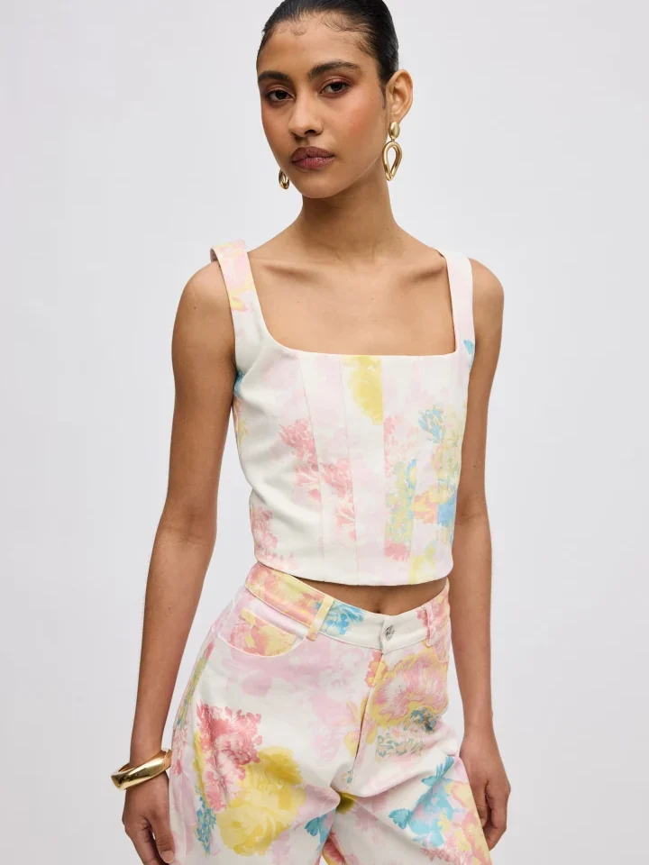 ciel-concept-floral-mist-jean-corset κομψό τζιν τοπ κορσές με τετράγωνη λαιμόκοψη και μπροστινά κουμπιά για μοντέρνα καλοκαιρινά outfits
