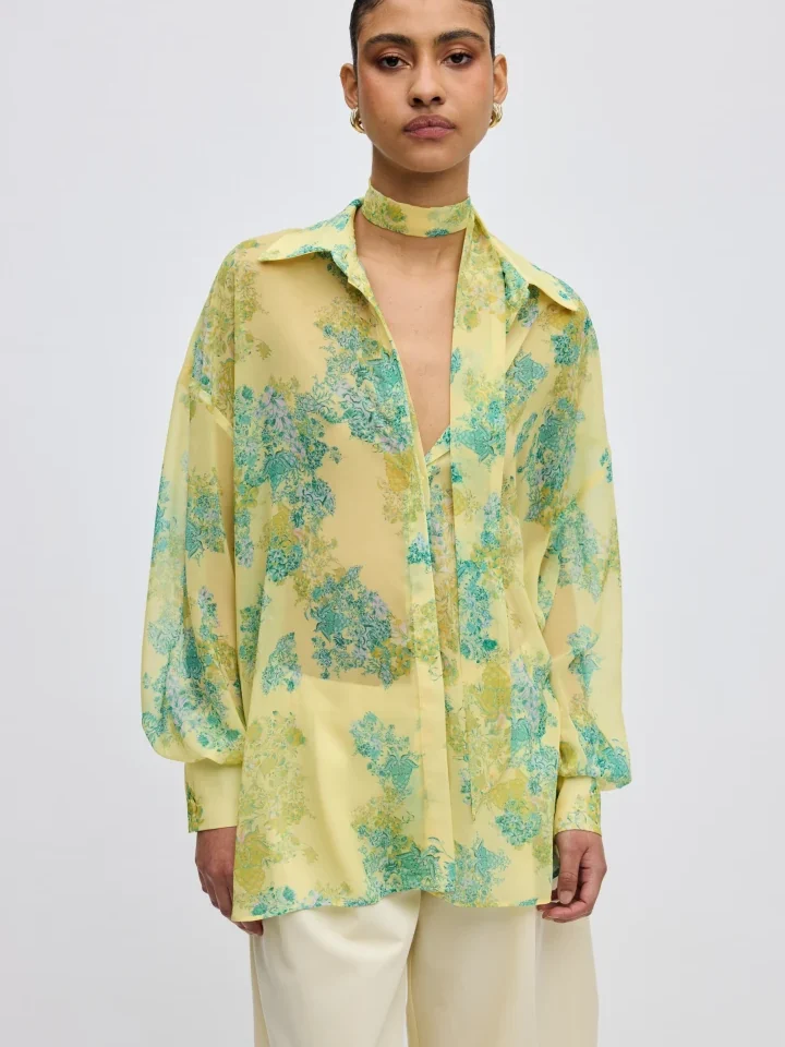 γυναικείο εμπριμέ πουκάμισο ciel concept lime petals με floral λαχανί μοτίβο