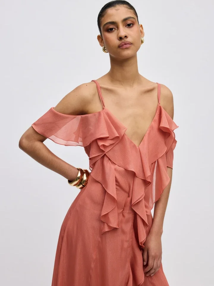 γυναικείο αέρινο maxi φόρεμα σομόν με βολάν ciel concept agapi dress salmon