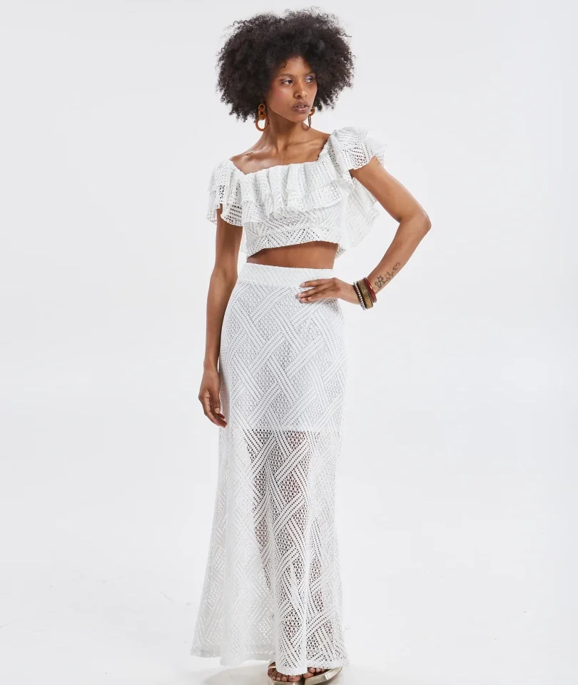 γυναικεία λευκή πλεκτή ψηλόμεση φούστα ananke nora knitted white skirt