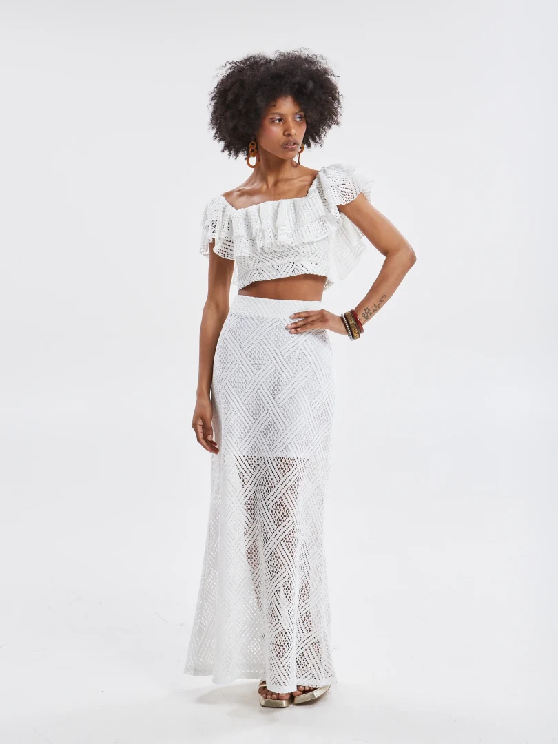 γυναικεία λευκή πλεκτή ψηλόμεση φούστα ananke nora knitted white skirt