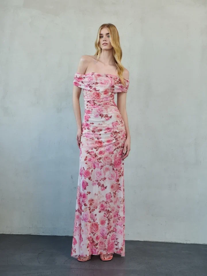 γυναικείο μακρύ τούλινο floral φόρεμα erya felinia maxi mesh dress σε ροζ απόχρωση