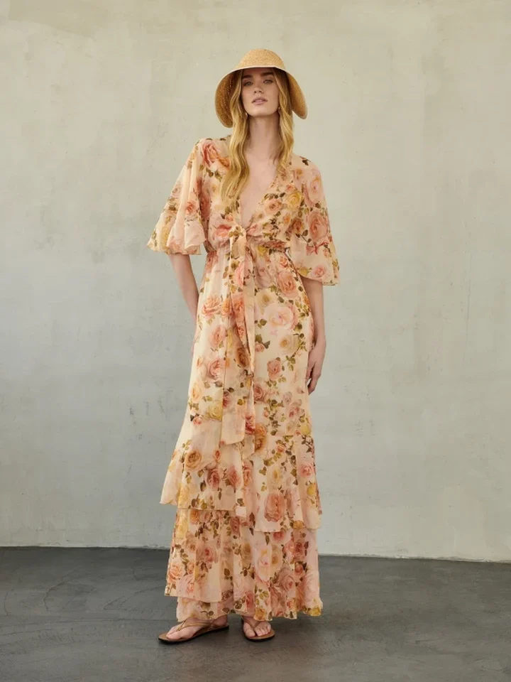γυναικείο ροδακινί floral φόρεμα καφτάνι erya sorelle caftan dress με βολάν στα μανίκια